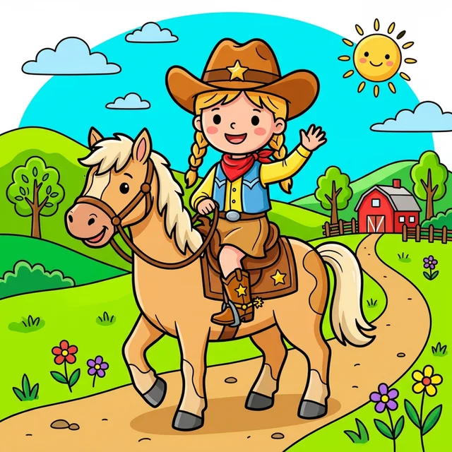 Cowgirl riding horse in countryside coloring page for kids