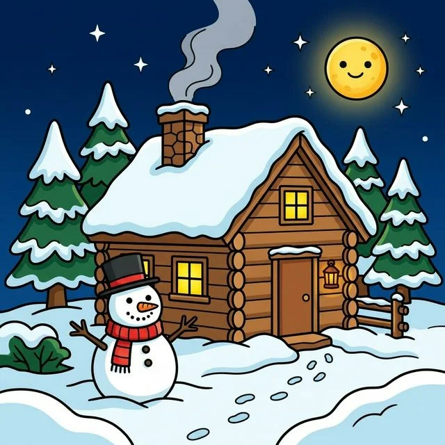 Cozy log cabin in the winter woods with thick snow, a friendly snowman, and a round moon coloring page for kids