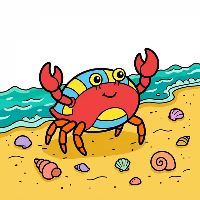 Cute crab walking on beach with seashells coloring page for kids