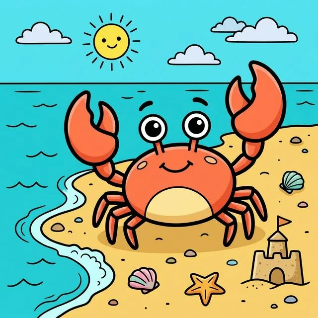 Crab with big claws waving on sandy beach coloring page for kids — free printable