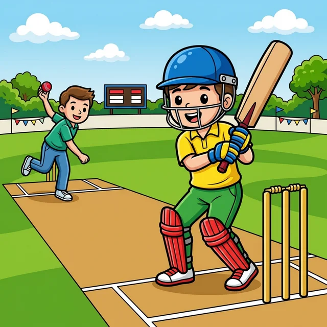 Kid cricket player batting with helmet and pads coloring page