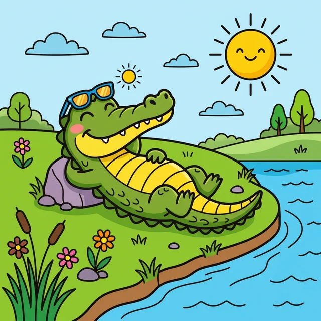 Cute crocodile sunbathing on riverbank coloring page