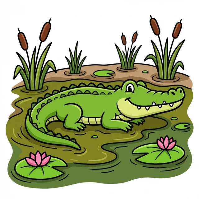 Smiling crocodile in swamp with lily pads coloring page for kids
