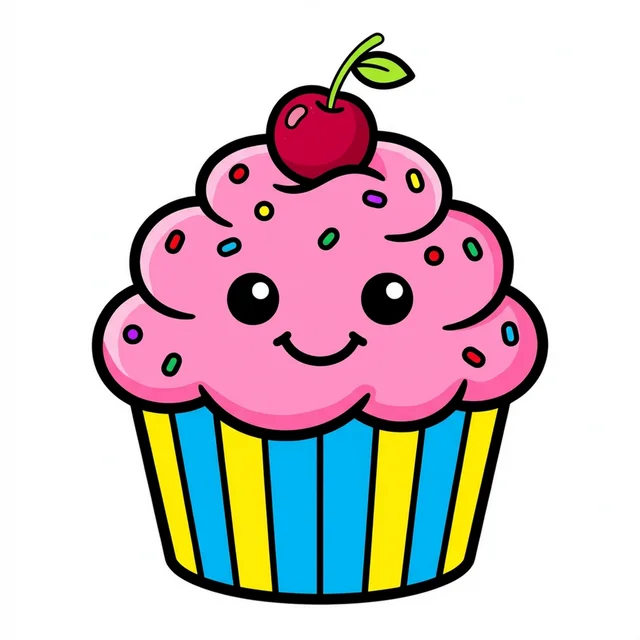 Cute cupcake with frosting and cherry coloring page for kids
