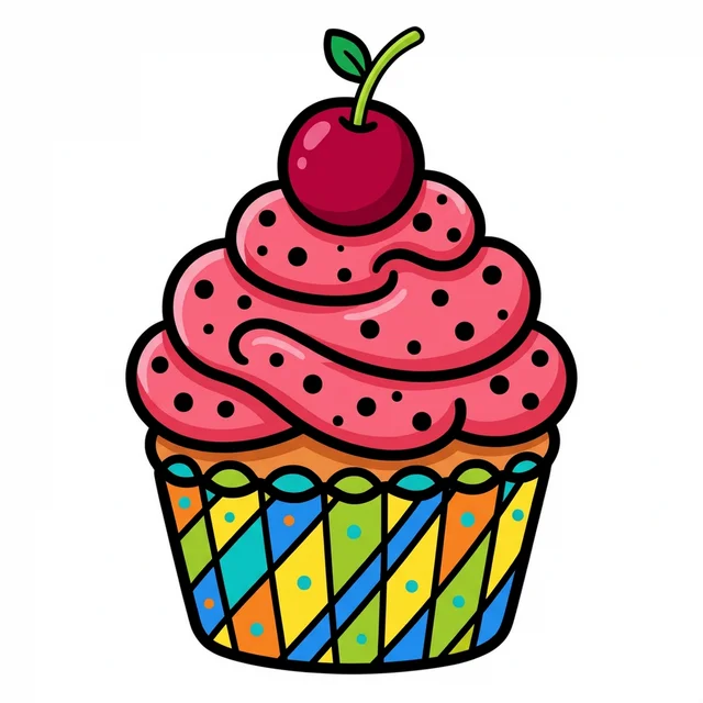 A cupcake with swirly frosting, sprinkles and cherry coloring page.