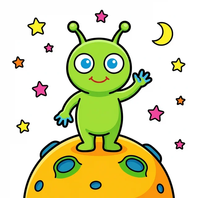 Cute alien on planet coloring page for kids