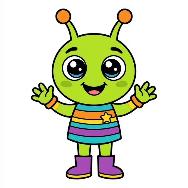 A black and white coloring page of a cute friendly cartoon alien with big eyes and antennae.