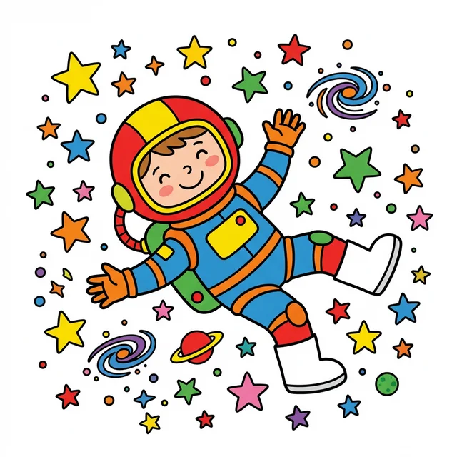 A black and white coloring page of a cute cartoon astronaut floating in outer space with stars.