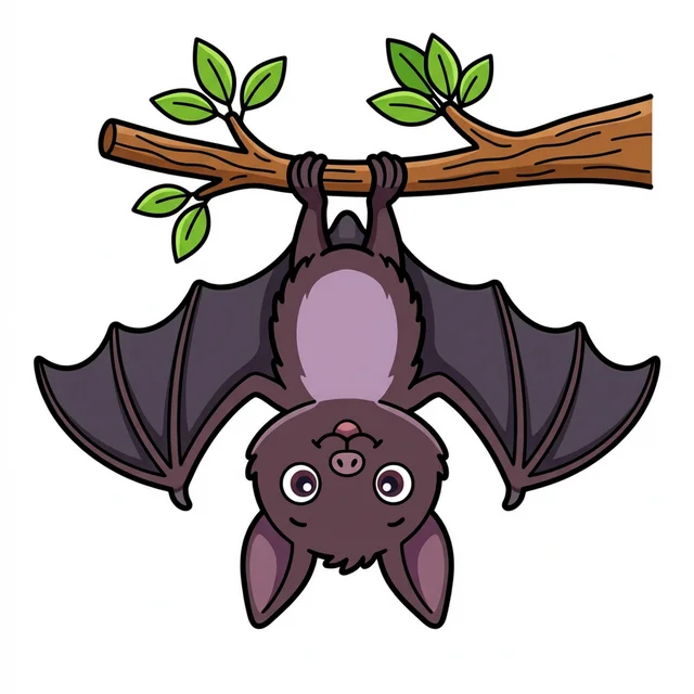 Cute fruit bat hanging upside down from branch coloring page for kids