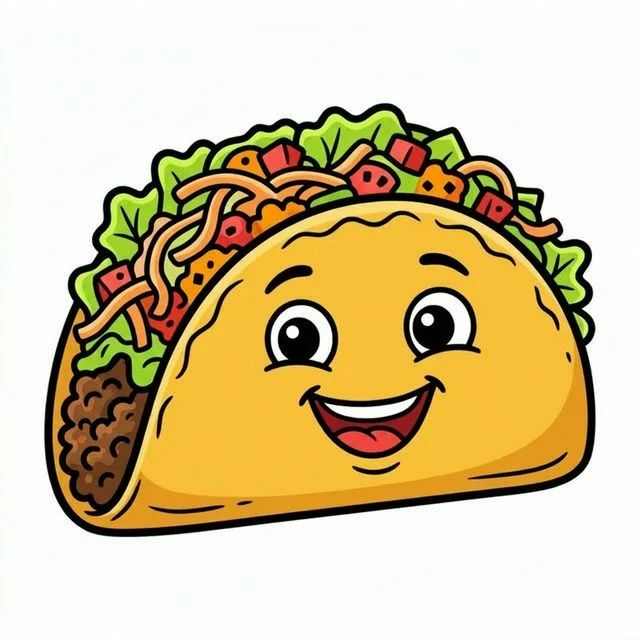 Cute cartoon crunchy taco shell filled with meat cheese lettuce diced tomatoes and funny smiling face coloring page for kids — free printable