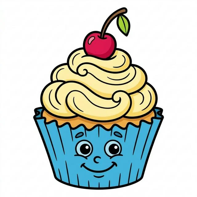 Cute cartoon cupcake in ruffled paper wrapper with swirly frosting cherry on top and smiling face coloring page for kids — free printable