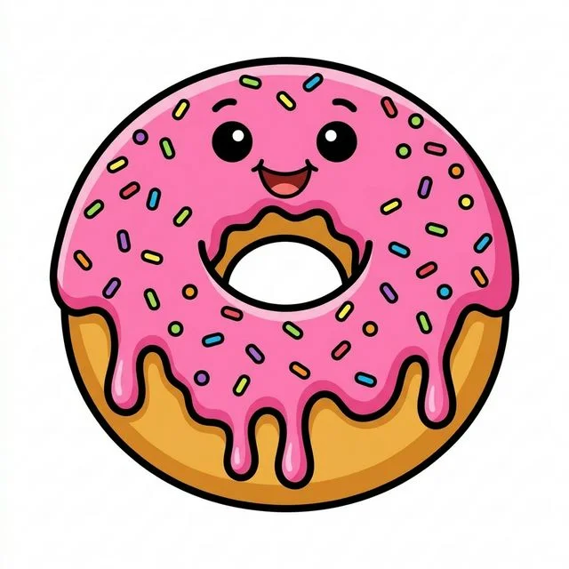 Cute cartoon fluffy round donut with wavy frosting sprinkles and smiling face coloring page for kids — free printable
