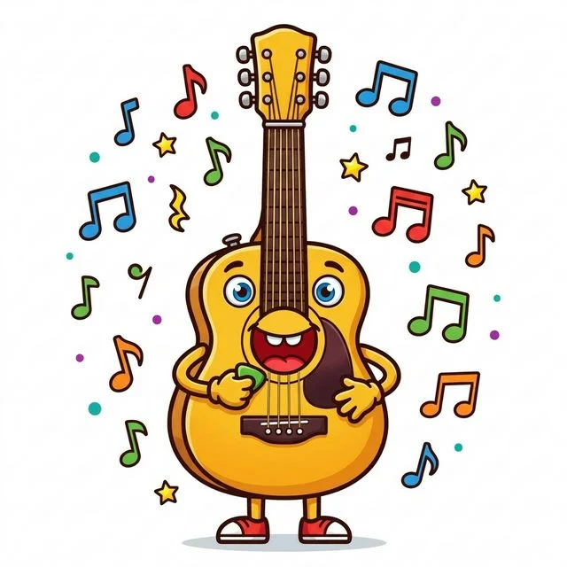 Cute cartoon happy friendly acoustic guitar standing up big round sound hole forming open smiling mouth two cartoon eyes little arms strumming own strings floating musical notes coloring page for kids — free printable