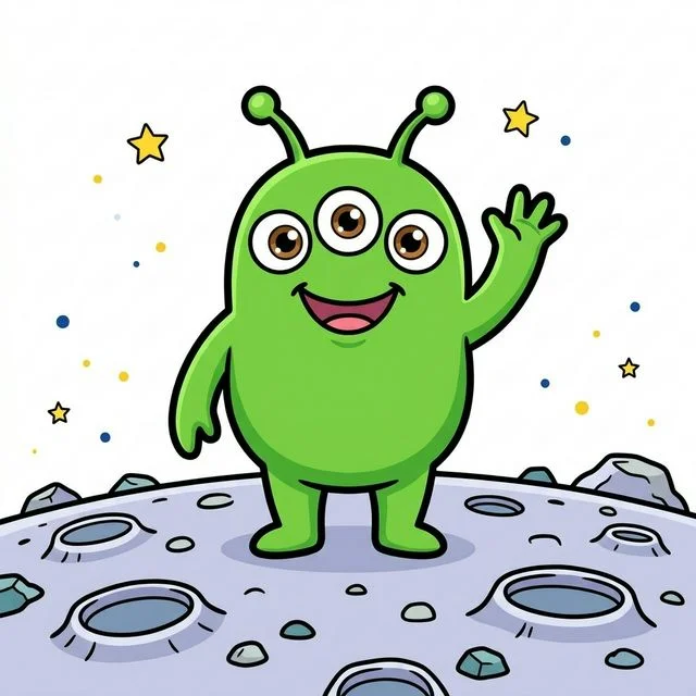Cute cartoon happy silly friendly alien with three big round eyes little antenna waving happily standing on moon coloring page for kids — free printable