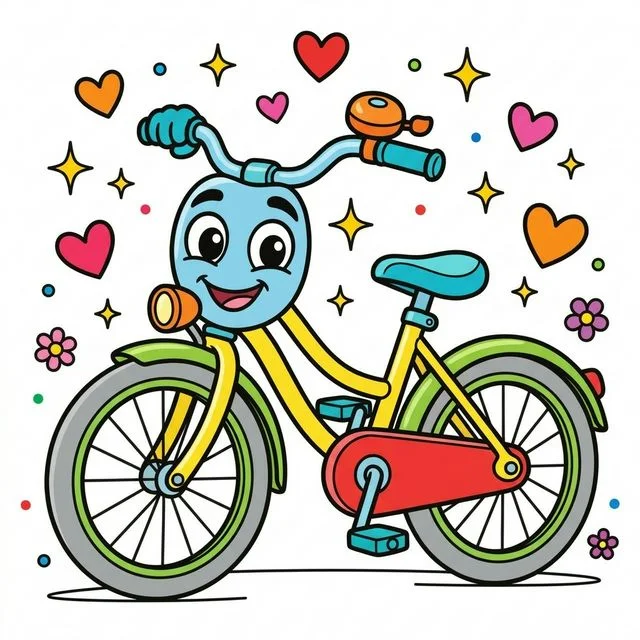 Cute cartoon happy friendly bicycle two round wheels big smiling face on front handlebars cartoon eyes tiny cute hands gripping handles little bell floating hearts star sparkles coloring page for kids — free printable