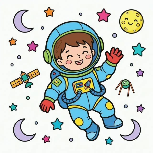 Cute cartoon happy friendly child astronaut floating in space wearing puffy spacesuit big round helmet waving happily surrounded by stars and moons coloring page for kids — free printable