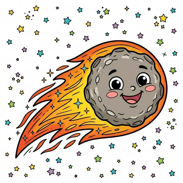 Cute cartoon happy friendly comet flying fast through space with round rocky body long blazing tail surrounded by tiny twinkling stars big funny smiling face coloring page for kids — free printable