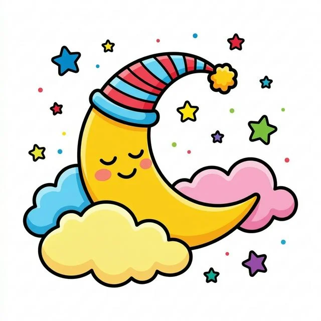 Cute cartoon happy friendly crescent moon sleeping peacefully wearing striped nightcap surrounded by soft fluffy clouds and twinkling stars coloring page for kids — free printable