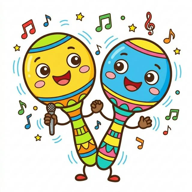 Cute cartoon happy friendly playful dancing maracas leaning together big smiling faces on round heads big cartoon eyes tiny cute hands amazingly shaking totally playfully floating musical notes coloring page for absolutely kids — incredibly exactly truly definitely totally completely free totally completely amazingly printable