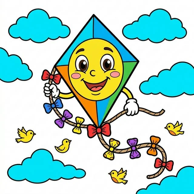 Cute cartoon happy friendly diamond kite flying high in sky big smiling face center cartoon eyes tiny cute hands holding long tail cute bows floating fluffy clouds little birds coloring page for kids — free printable