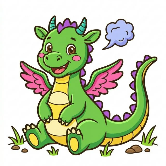Cute cartoon happy friendly dragon sitting down with small wings spiky tail and puffing tiny cloud of smoke coloring page for kids — free printable