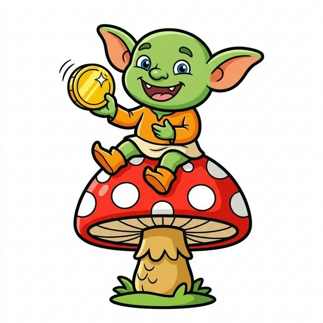 Cute cartoon silly friendly little goblin sitting on mushroom holding shiny gold coin with big pointy ears and funny smiling face coloring page for kids — free printable