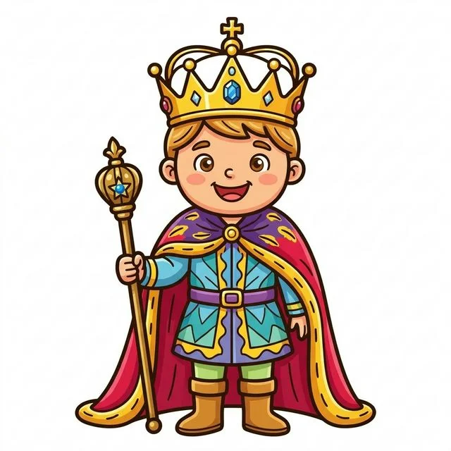 Cute cartoon happy friendly king wearing big shiny crown long royal cape holding royal scepter and big friendly smiling face coloring page for kids — free printable
