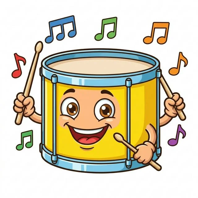 Cute cartoon happy friendly marching snare drum big wide smiling face cartoon eyes tiny hands holding two wooden drumsticks floating musical notes coloring page for kids — free printable