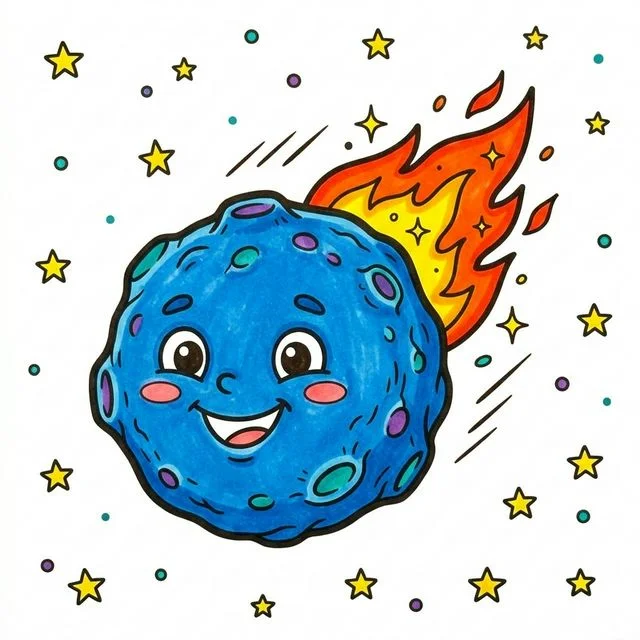 Cute cartoon happy friendly meteor rock falling fast through starry night sky bumpy round rock shape short glowing fiery tail big funny smiling face coloring page for kids — free printable