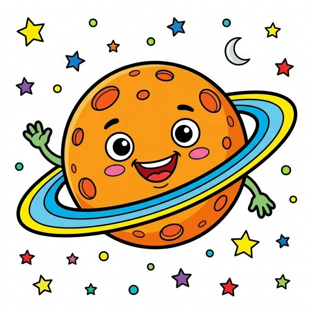 Cute cartoon happy friendly planet like Saturn with big prominent ring around it round craters and big funny smiling face separated by little stars coloring page for kids — free printable
