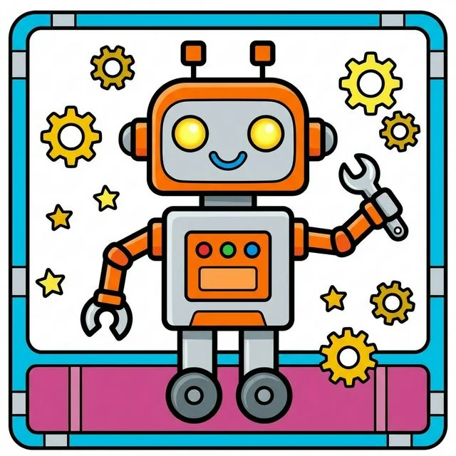 Cute friendly robot helper with big round eyes and wheels holding a small wrench among stars and gears coloring page for kids