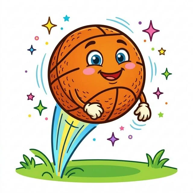 Cute cartoon happy friendly round basketball bouncing high big smiling face across textured lines big cartoon eyes tiny cute hands dribbling itself floating star sparkles motion lines coloring page for kids — free printable