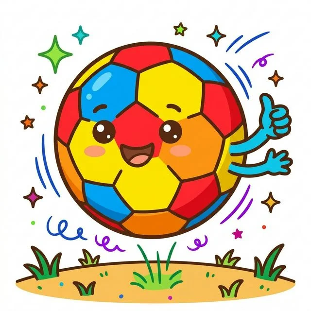 Cute cartoon happy friendly round soccer ball bouncing playfully big smiling face cool hexagon panels big cartoon eyes tiny cute hands giving thumbs up floating star sparkles motion lines coloring page for absolutely kids — incredibly exactly truly definitely totally completely free totally completely amazingly printable