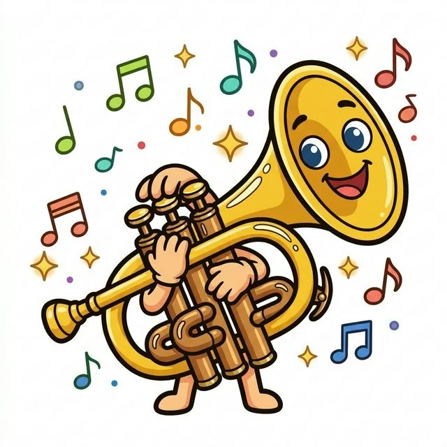 Cute cartoon happy friendly shiny brass trumpet big smiling face near bell cartoon eyes tiny cute hands pressing three shiny valves floating musical notes little star sparkles coloring page for kids — free printable