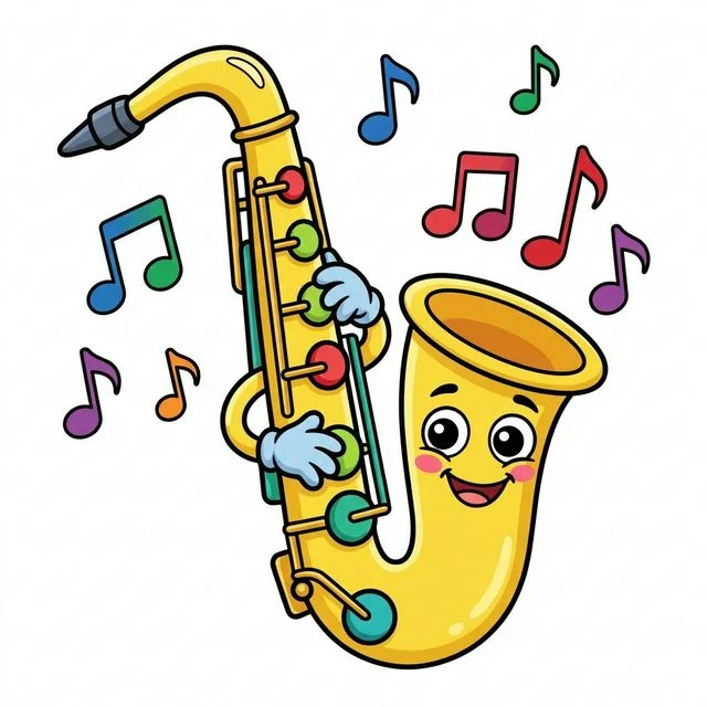 Cute cartoon happy friendly shiny saxophone curvy body big smiling face near bell cartoon eyes tiny cute hands pressing round keys floating musical notes coloring page for kids — free printable