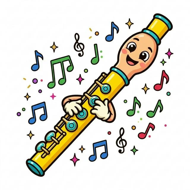 Cute cartoon happy friendly shiny silver flute floating in air big smiling face near mouthpiece big cartoon eyes tiny cute hands pressing own round keys floating musical notes little sparkles coloring page for kids — free printable