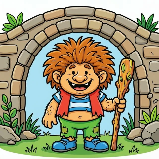 Cute cartoon happy friendly silly troll standing under stone bridge with messy wild hair big round tummy holding wooden walking stick and funny smiling face coloring page for kids — free printable