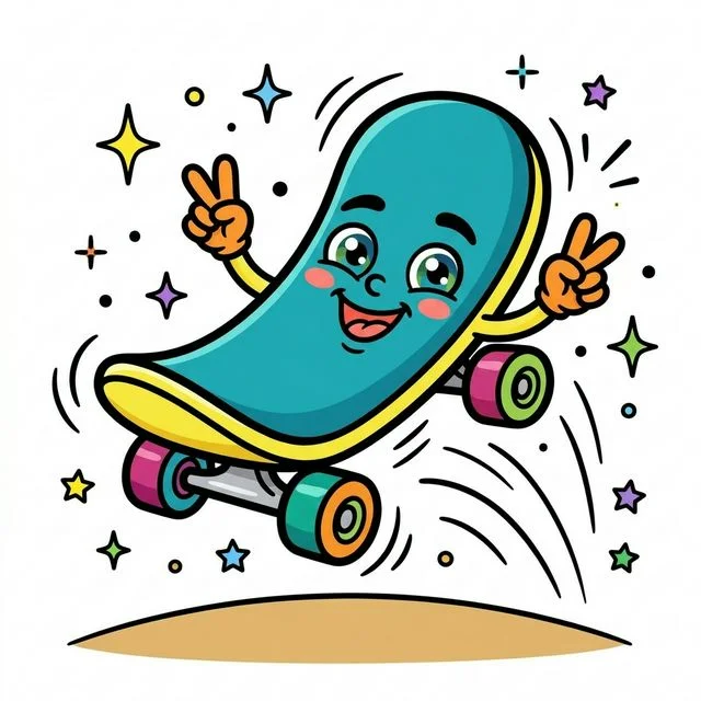 Cute cartoon happy friendly skateboard doing trick big smiling face on deck surface big cartoon eyes tiny cute hands giving peace signs four round wheels floating star sparkles motion lines coloring page for kids — free printable
