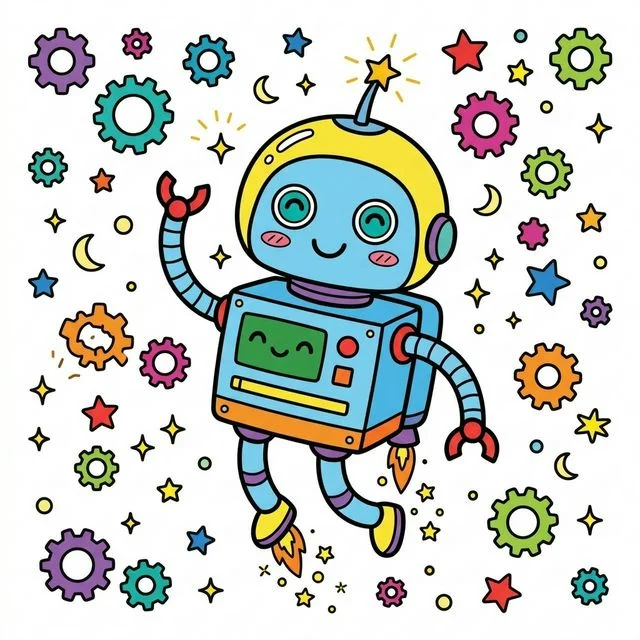 Cute cartoon happy friendly space robot floating in zero gravity with boxy body round head glowing antenna flexible arms surrounded by little floating gears and tiny twinkling stars coloring page for kids — free printable