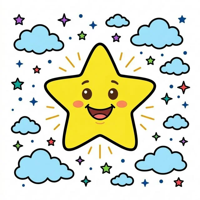 Cute cartoon happy friendly star shining in night sky with five points big funny smiling face surrounded by smaller twinkling stars and fluffy clouds coloring page for kids — free printable