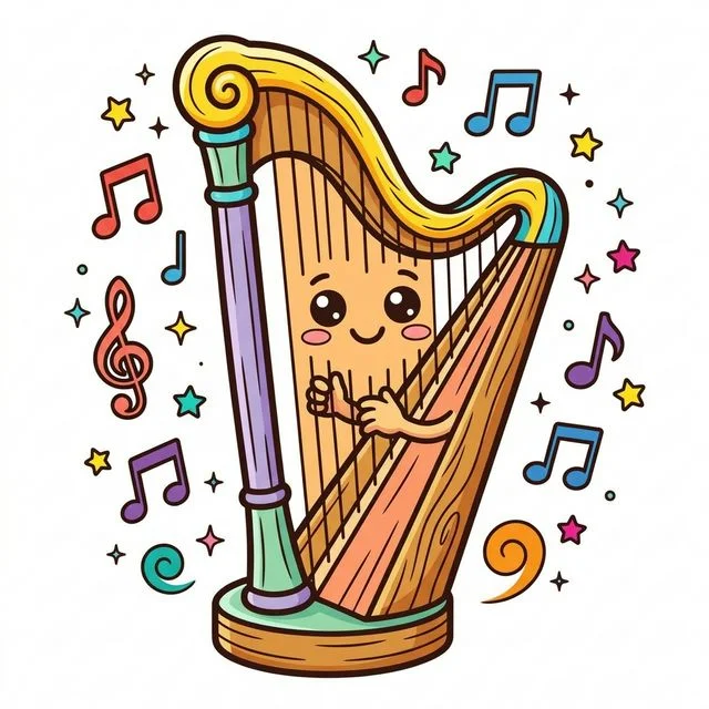 Cute cartoon happy friendly tall harp big smiling face on wooden soundboard cartoon eyes tiny cute hands gently plucking own strings floating musical notes little stars coloring page for kids — free printable