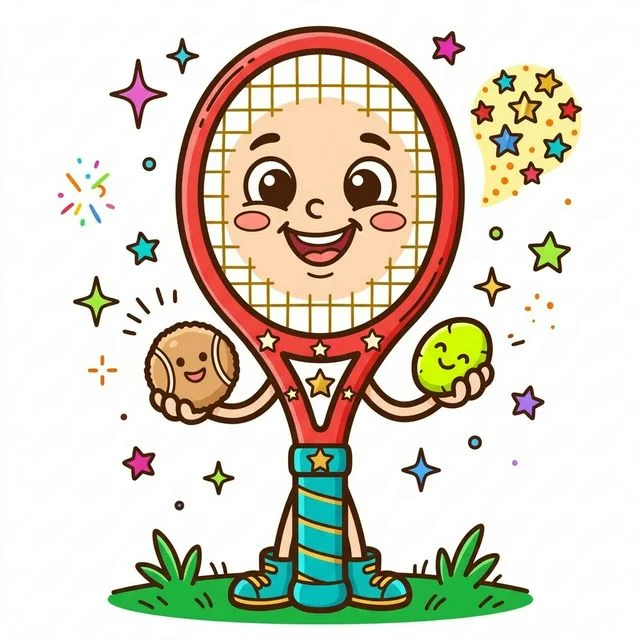 Cute cartoon happy friendly tennis racket standing upright big smiling face round stringed head cartoon eyes tiny cute hands holding fuzzy tennis ball floating star sparkles coloring page for kids — free printable