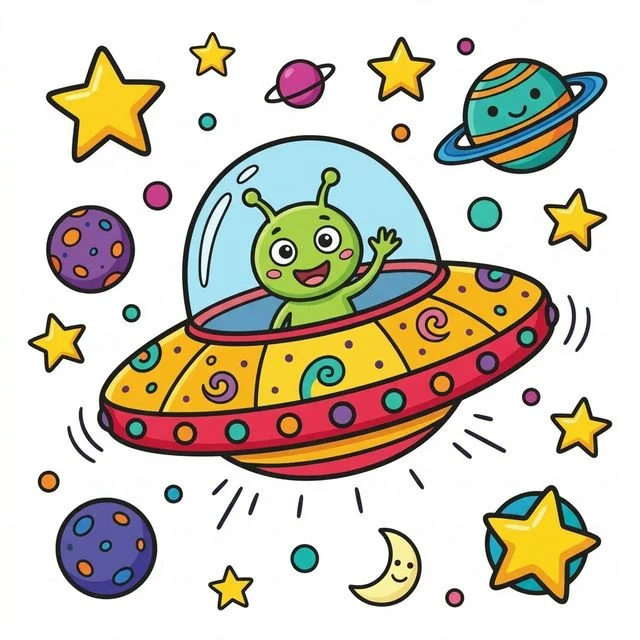 Cute cartoon happy friendly UFO spaceship flying in space big glass dome round lights glowing little alien waving stars planets coloring page for kids — free printable