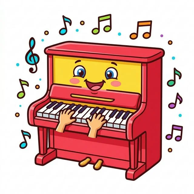Cute cartoon happy friendly upright piano big wide smiling face on music desk above keys big cartoon eyes tiny cute hands playing own keys floating musical notes coloring page for kids — free printable