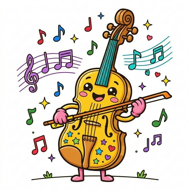 Cute cartoon happy friendly violin standing up big smiling face on wooden body big cartoon eyes tiny cute hands holding long thin bow playing own strings floating musical notes coloring page for kids — free printable
