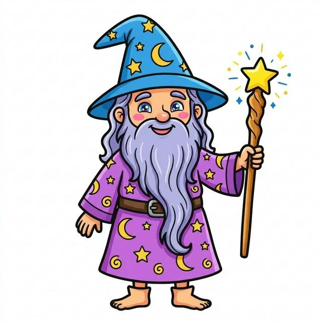Cute cartoon happy friendly old wizard long flowing beard tall pointy hat with stars robe with moons holding glowing magic staff smiling coloring page for kids — free printable