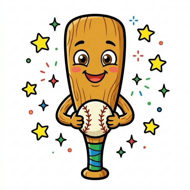 Cute cartoon happy friendly wooden baseball bat standing upright big smiling face wide barrel cartoon eyes tiny cute hands holding round baseball floating star sparkles coloring page for kids — free printable