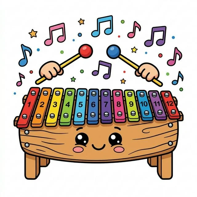 Cute cartoon happy friendly xylophone big smiling face on wooden base cartoon eyes tiny cute hands holding two little round mallets hovering over many keys floating musical notes coloring page for kids — free printable
