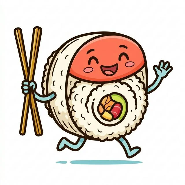 Cute cartoon happy piece of sushi maki roll running holding chopsticks with funny smiling face coloring page for kids — free printable