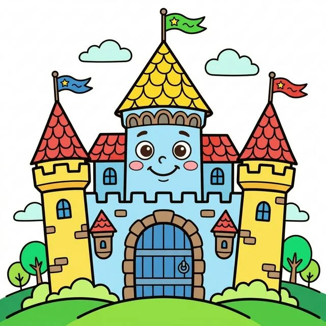 Cute cartoon happy magical fantasy castle with tall towers pointy roofs flying flags big wooden door and funny smiling face on main tower coloring page for kids — free printable